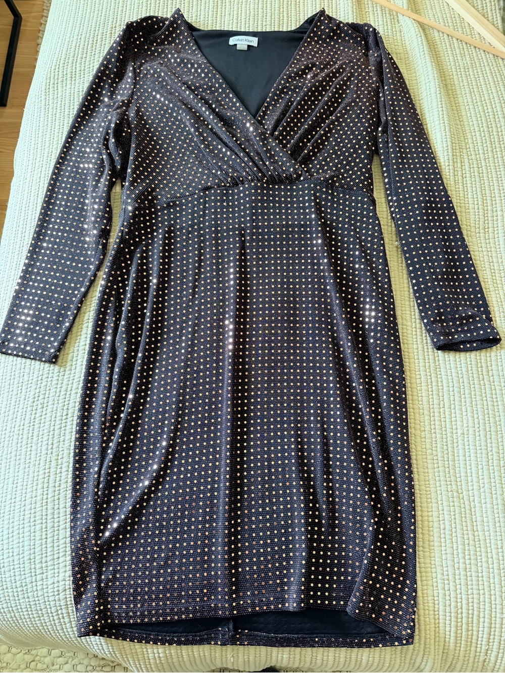 Calvin Klein Black Long-Sleeve Metallic Polka Dot Dress Size 14